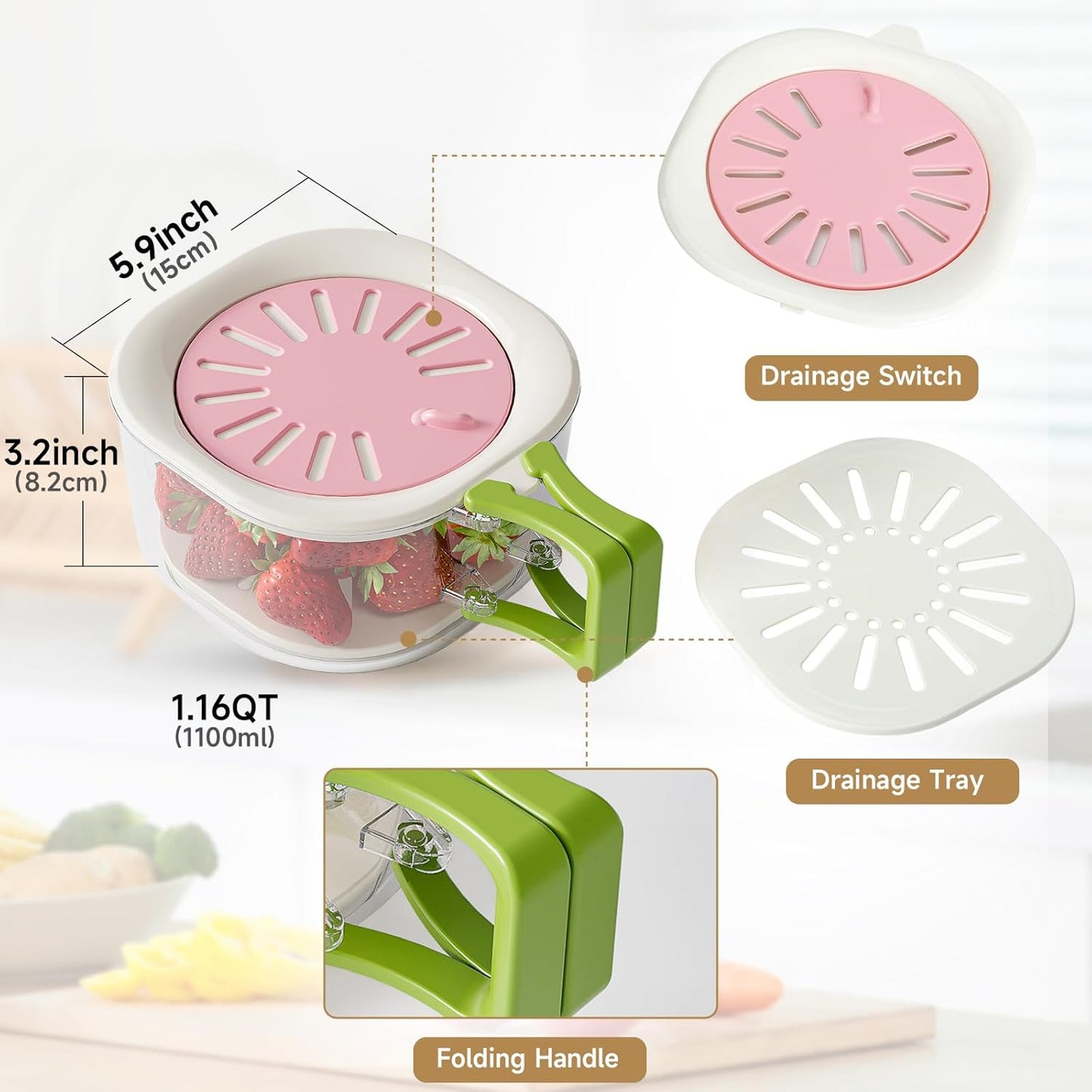 Fruit Vegetable Washing Bowl with Strainer, Multifunctional Produce Washer, Berry Container, Lettuce Keeper for Fridge Refrigerator Organization, Portable Strainers and Colander for Kitchen