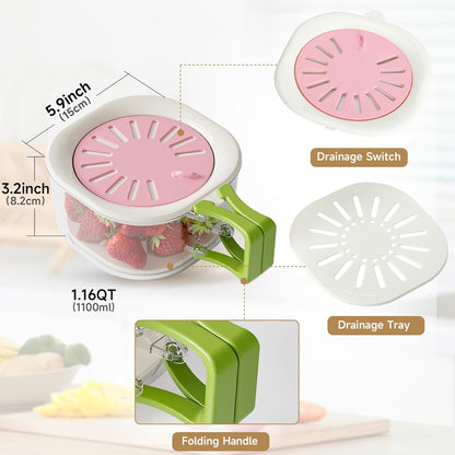 Fruit Vegetable Washing Bowl with Strainer, Multifunctional Produce Washer, Berry Container, Lettuce Keeper for Fridge Refrigerator Organization, Portable Strainers and Colander for Kitchen