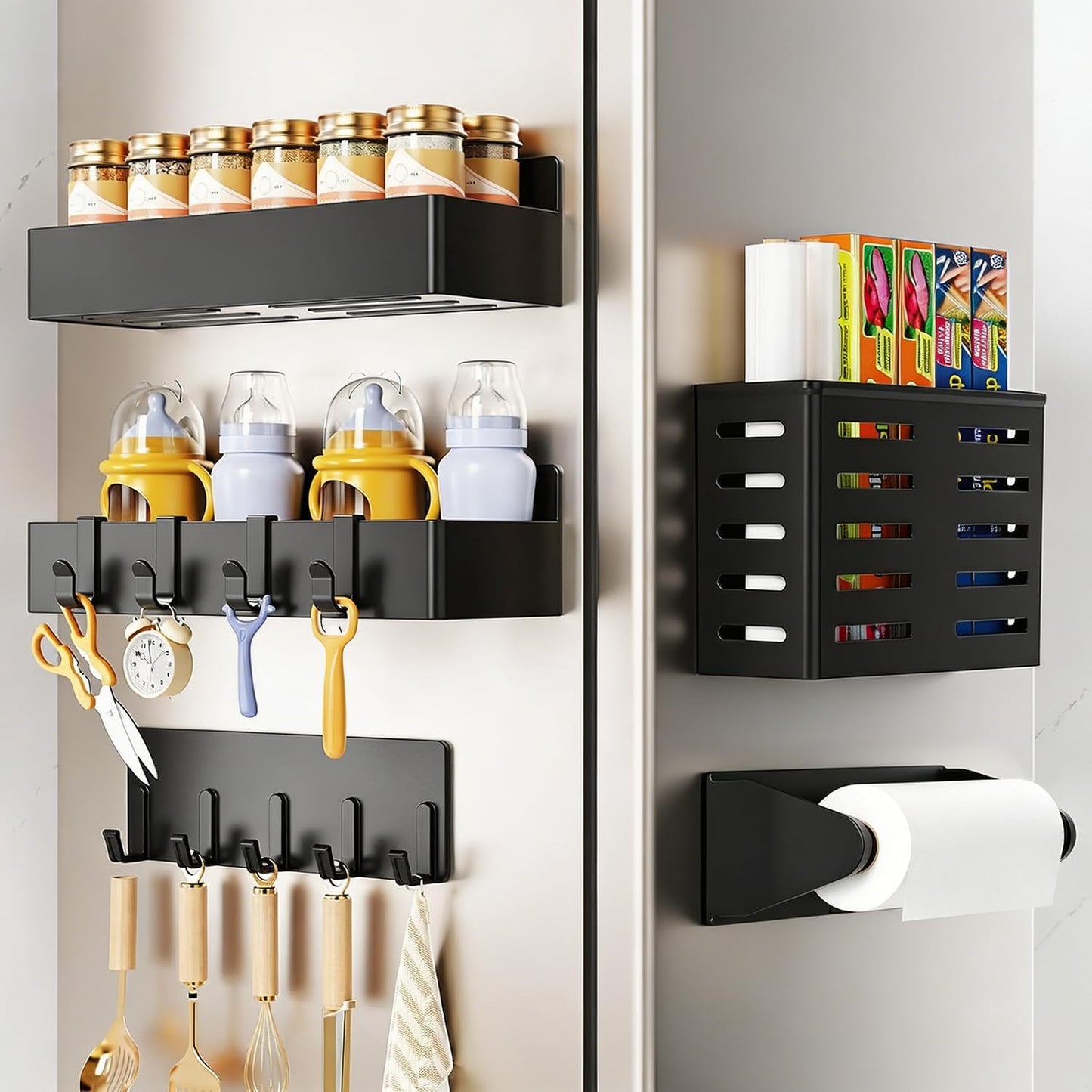 Magnetic Spice Rack for Refrigerator, Kitchen Organizer and Storage Shelf, Black (4 Pack)…