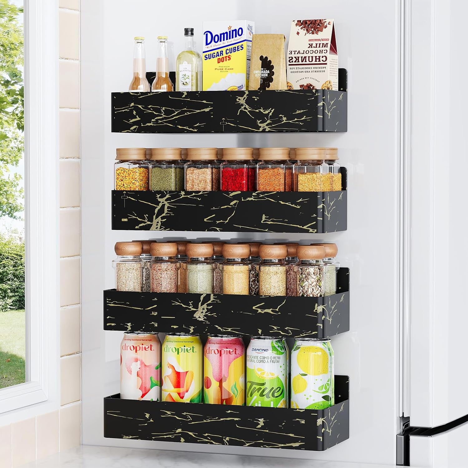 Magnetic Spice Rack for Refrigerator, Kitchen Organizer and Storage Shelf, Black (4 Pack)…